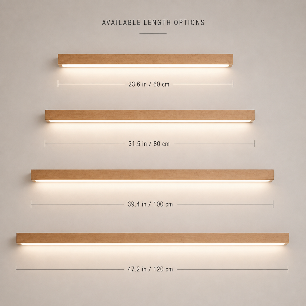 Wall sconce displayed in four horizontal size options on a light background.