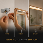 Wall sconce installation sequence showing wiring, mounting, and the illuminated fixture.