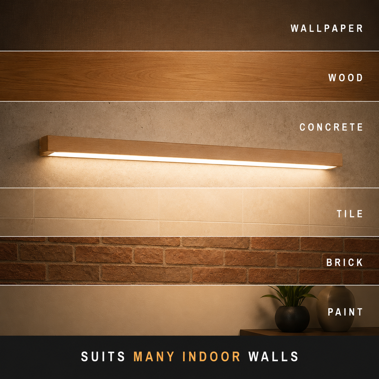 Wall sconce glowing across several labeled wood-tone wall panels.