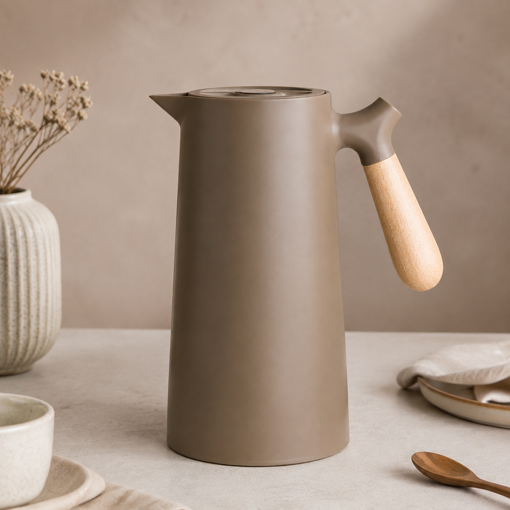 A chestnut brown insulated carafe with a pale wood handle on a taupe backdrop.