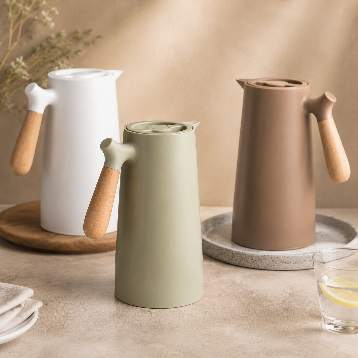 Pearl white, moss green and chestnut brown insulated carafes stand together.
