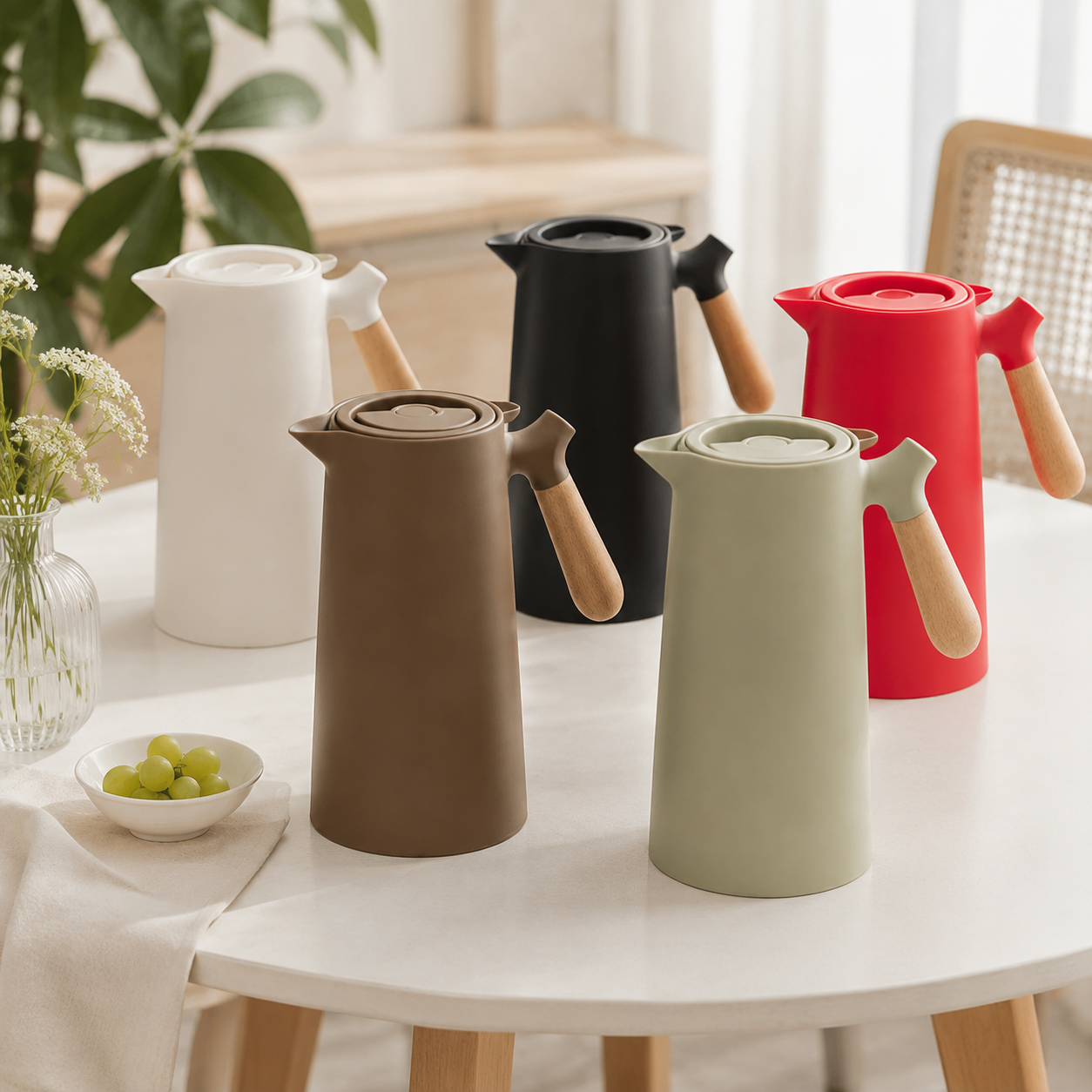 Five insulated carafe colors are arranged on a bright round dining table.
