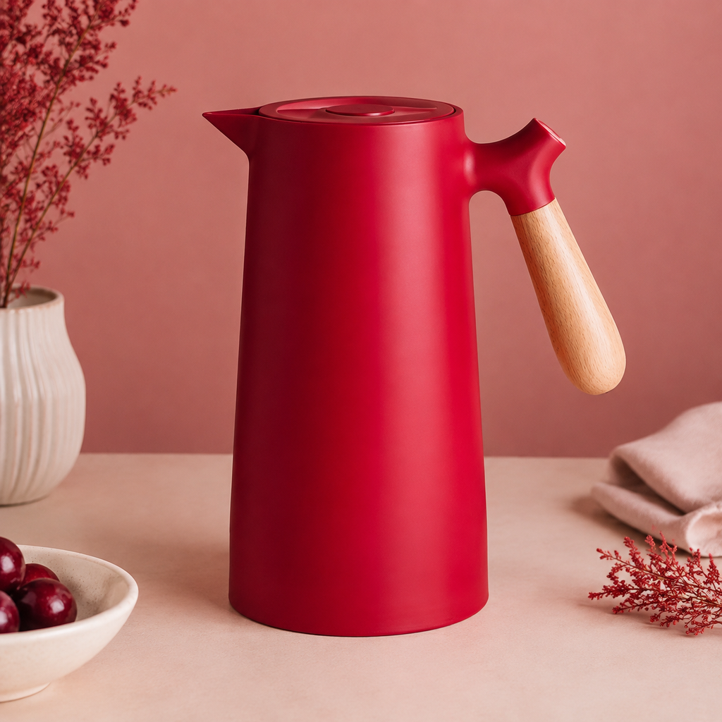 A ruby red insulated carafe with a pale wood handle on a muted rose backdrop.