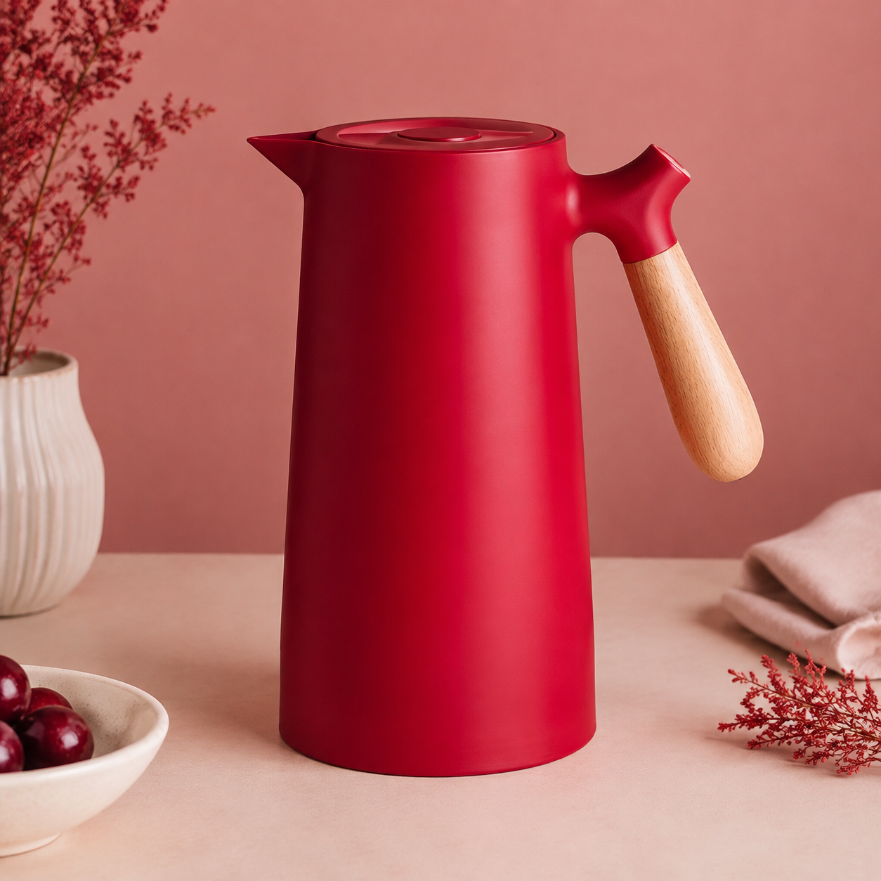 A ruby red insulated carafe with a pale wood handle on a muted rose backdrop.