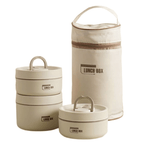 Insulated lunch box in white shown as two container sizes beside the carry bag.