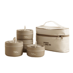 Insulated lunch box in brown shown as a multi-container set beside the carry bag.
