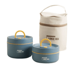 Insulated lunch box in blue shown as two container sizes beside the carry bag.