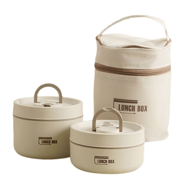 Insulated lunch box in white shown as two containers beside the insulated carry bag.