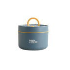 Insulated lunch box in blue shown as a single handled round container.