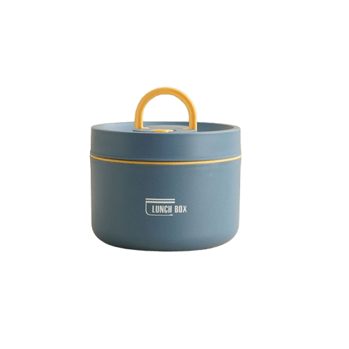 Insulated lunch box in blue shown as a single handled round container.