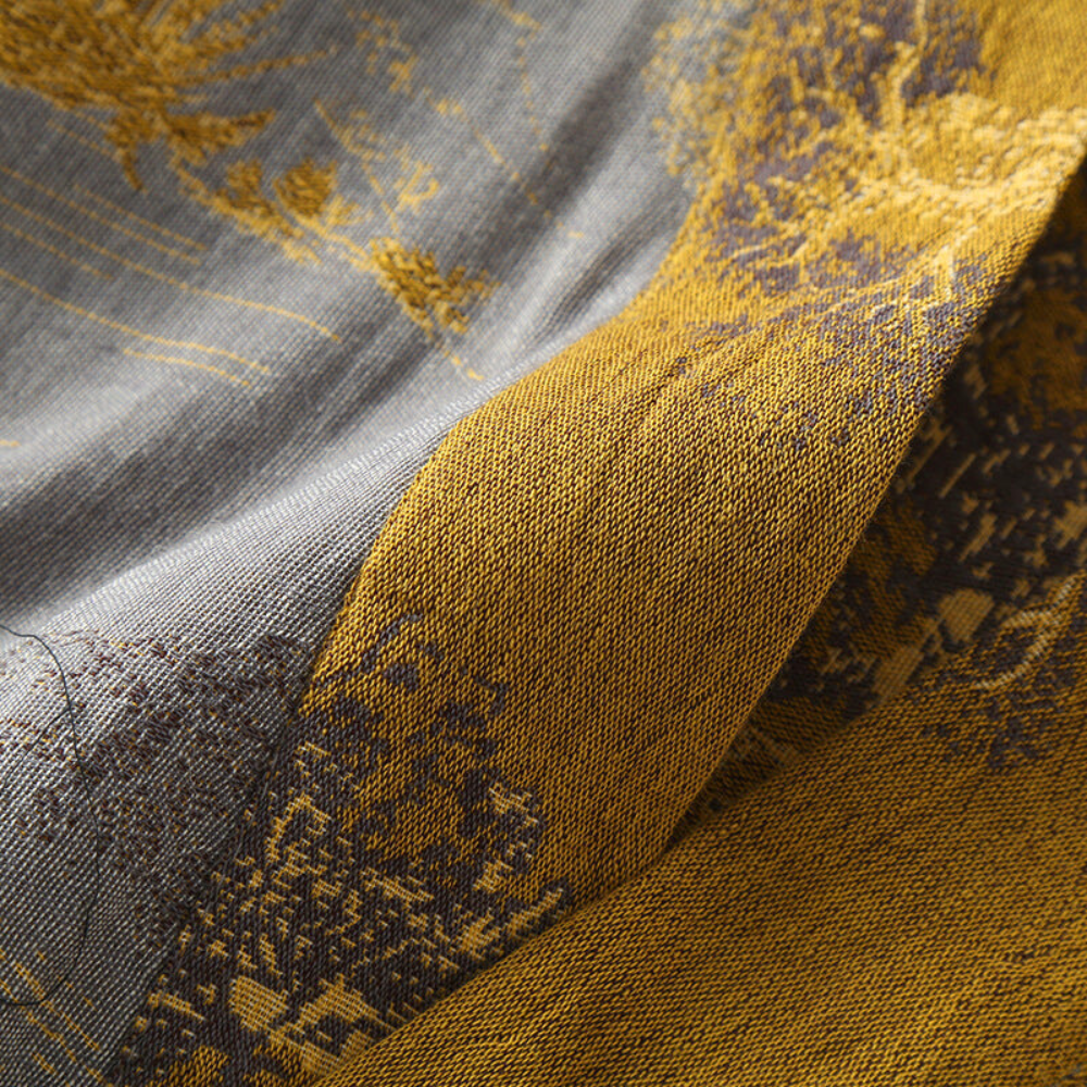 Cotton kimono bathrobe close-up showing the gray and yellow weave.