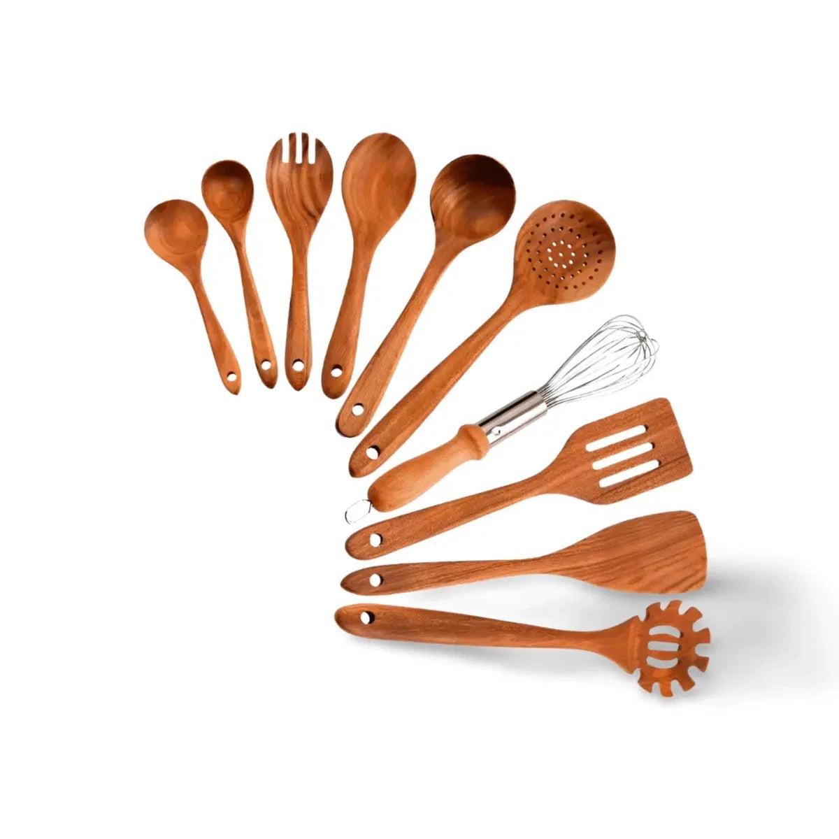Ten piece teak kitchen utensil set arranged as a complete set.