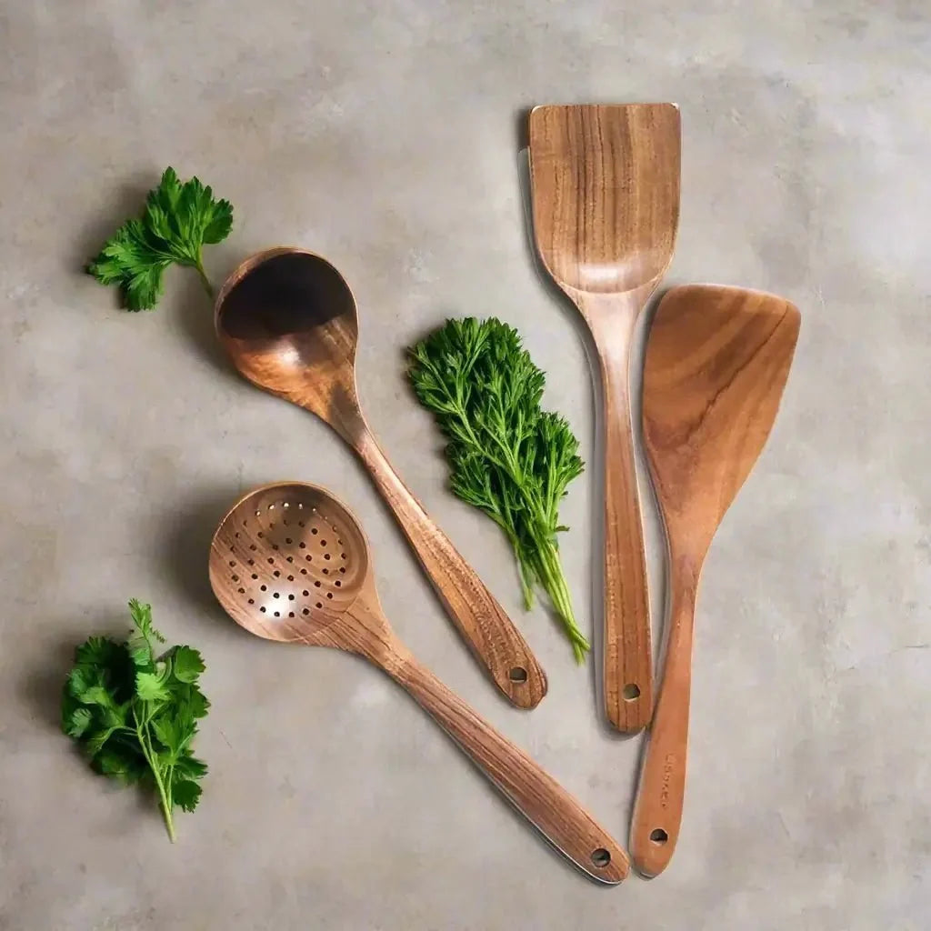 Wooden kitchen utensil set displayed for everyday cooking.