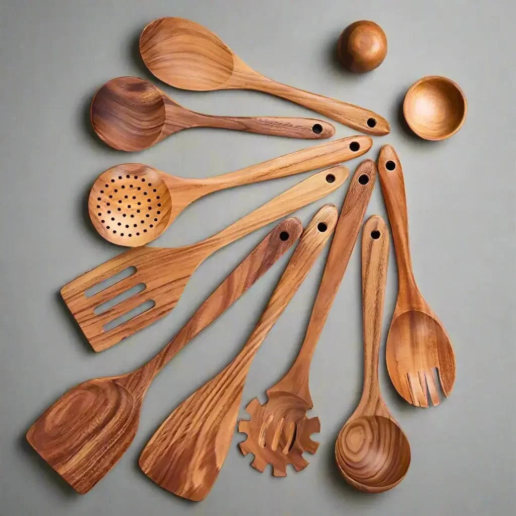 Teak spoon and spatula shapes included in the utensil set.