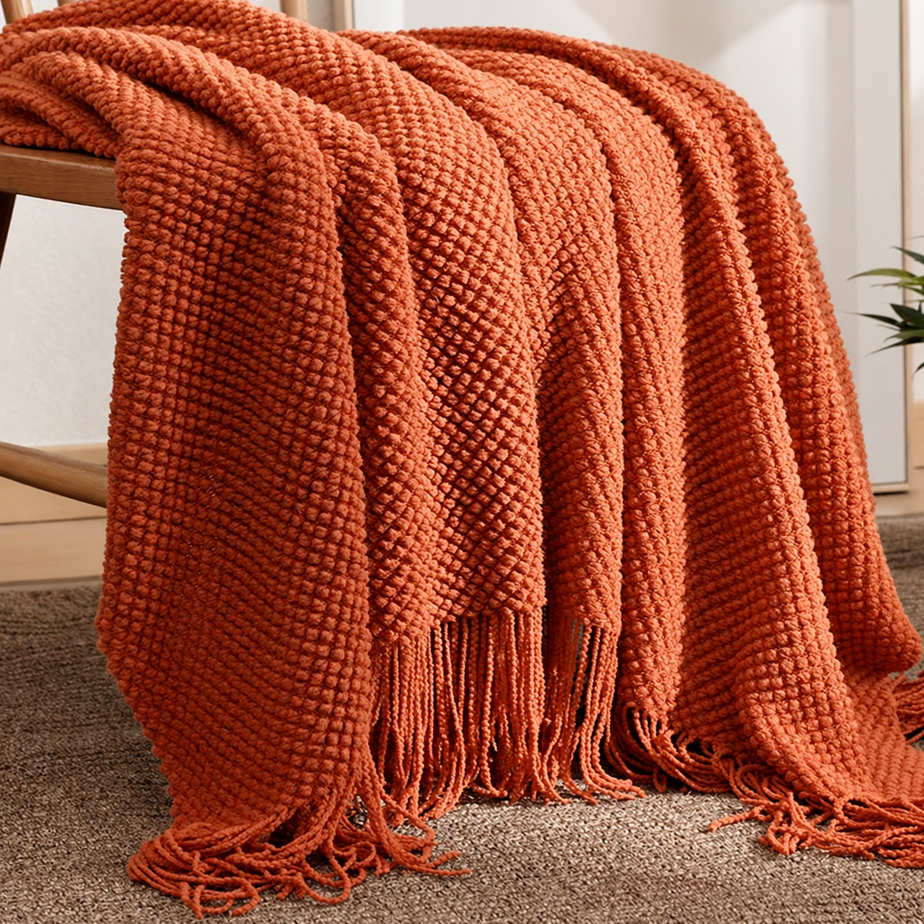 Burnt orange knit throw blanket draped over a wooden chair with fringe tassels visible