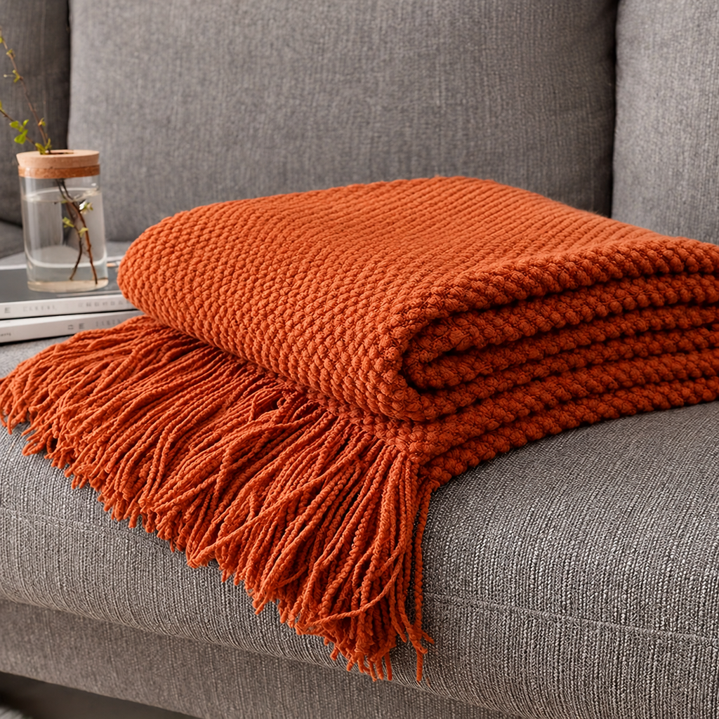 Folded burnt orange knit throw blanket on a gray sofa showing fringe tassels