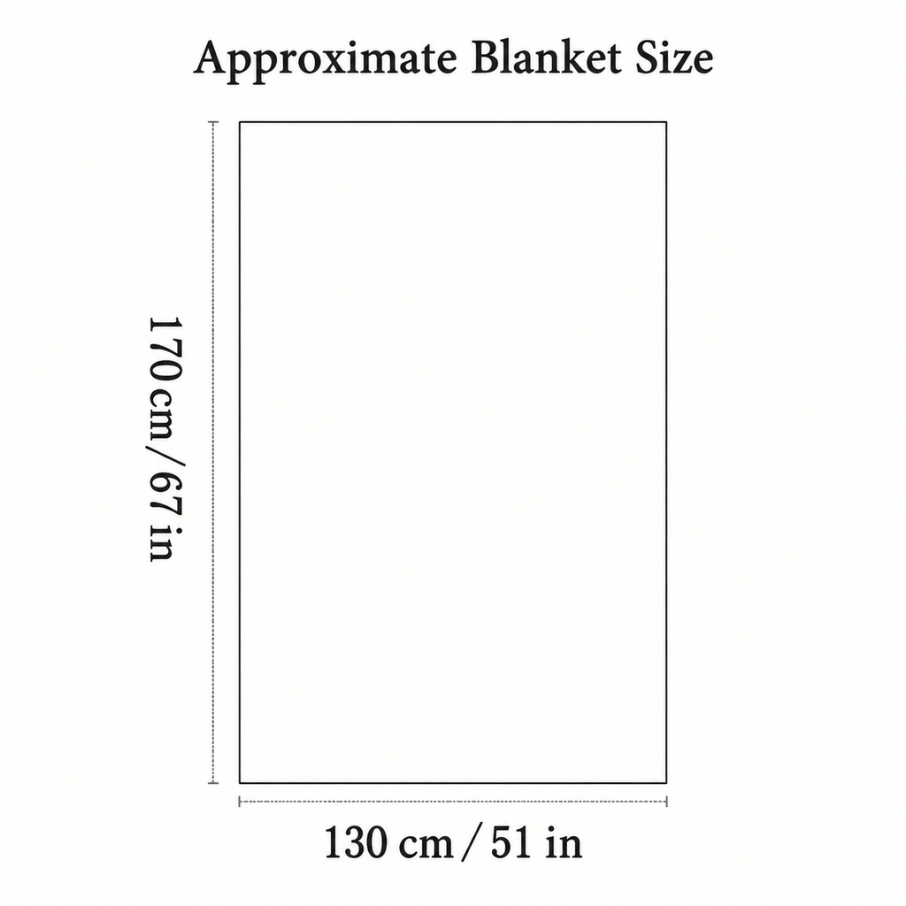 Knit throw blanket size diagram showing approximately 51 by 67 inches and 130 by 170 centimeters