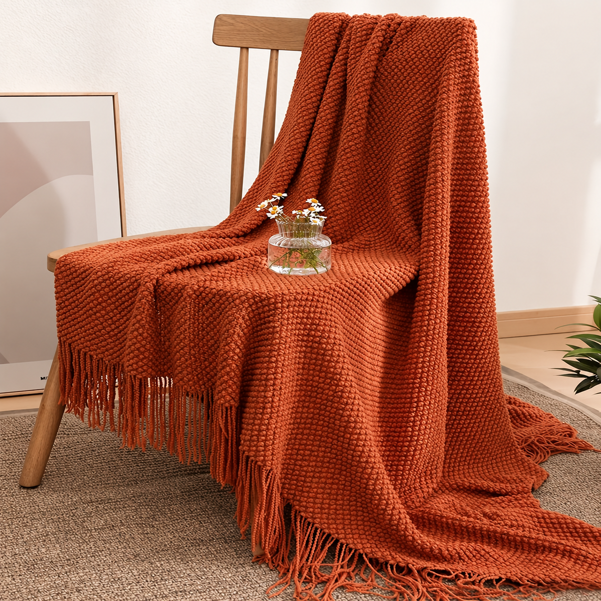 Burnt orange knit throw blanket draped over a wooden chair beside a small vase