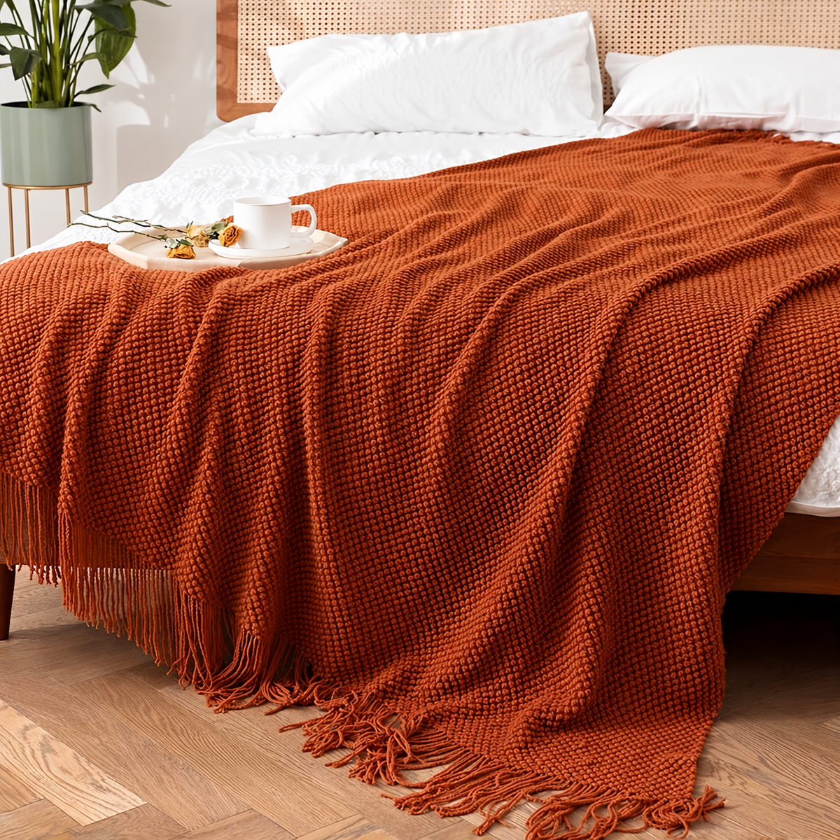 Burnt orange knit throw blanket arranged across a bed with fringe at the foot