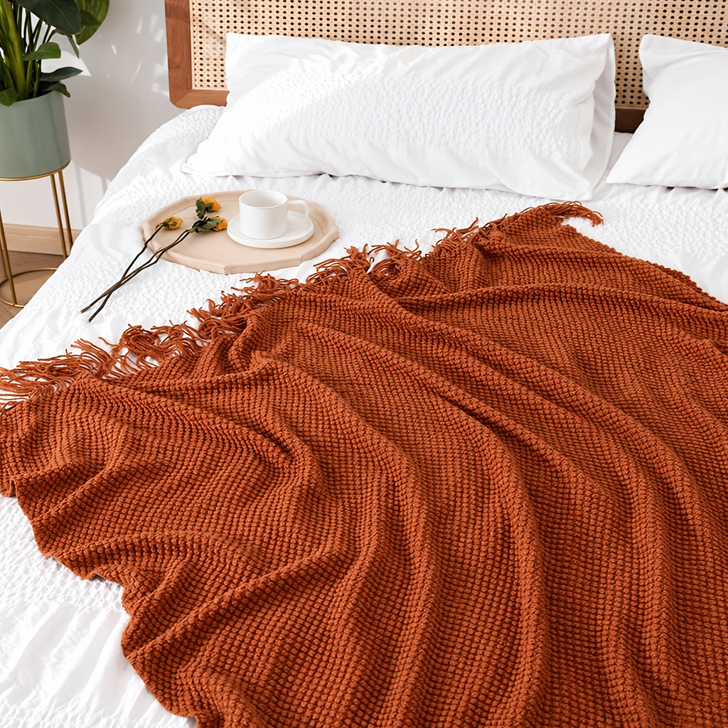 Burnt orange knit throw blanket spread across white bedding