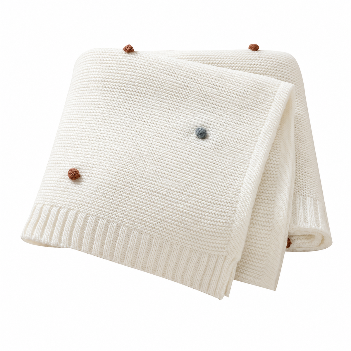 White acrylic knit throw blanket folded on a white background