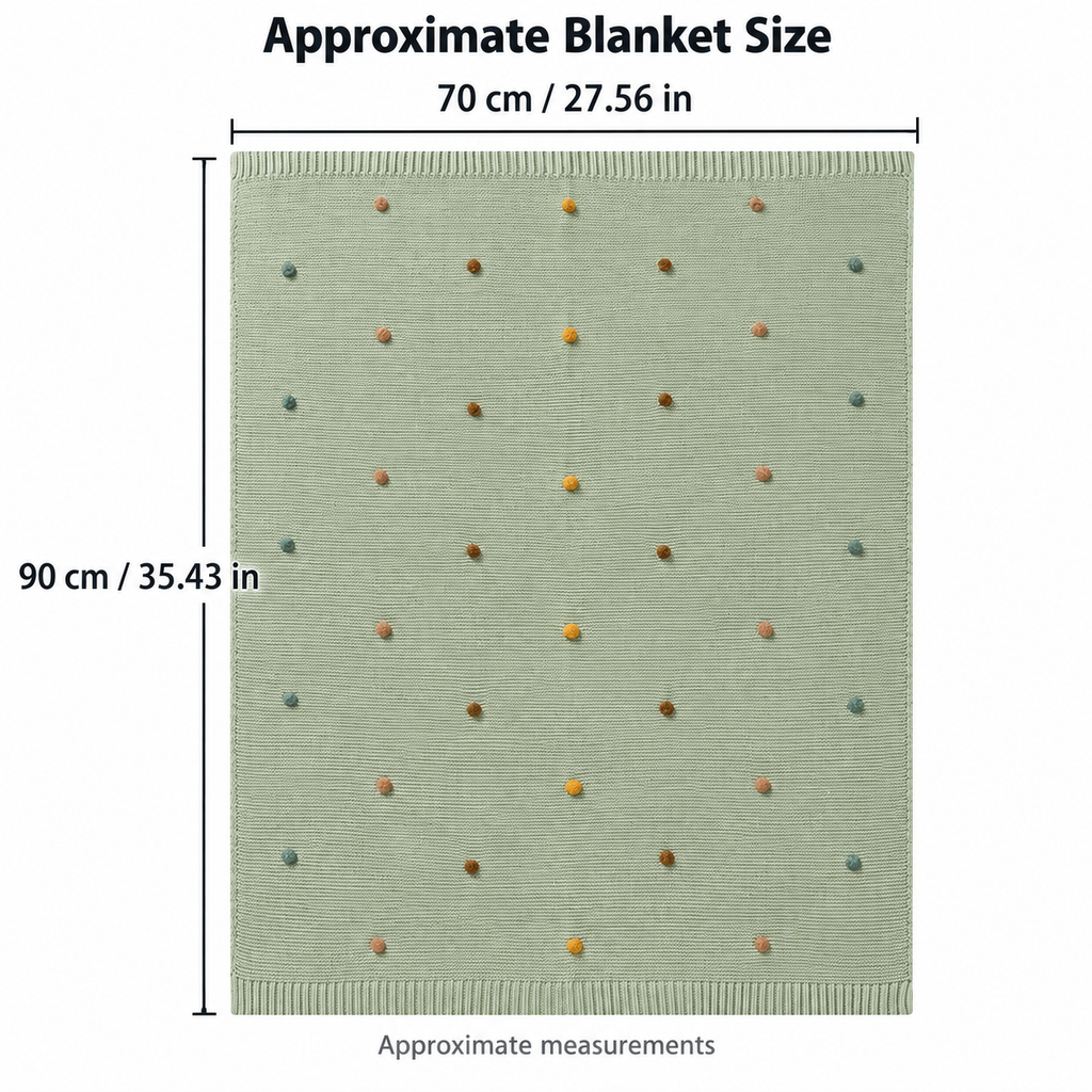 Acrylic knit throw blanket size guide showing 70 by 90 centimeters and 27.56 by 35.43 inches