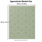 Acrylic knit throw blanket size guide showing 70 by 90 centimeters and 27.56 by 35.43 inches