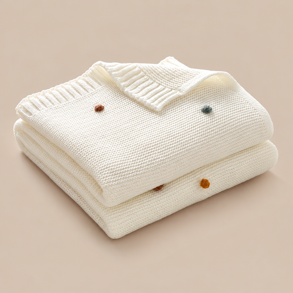 White acrylic knit throw blanket close up showing colorful dot accents and ribbed trim
