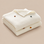 White acrylic knit throw blanket close up showing colorful dot accents and ribbed trim