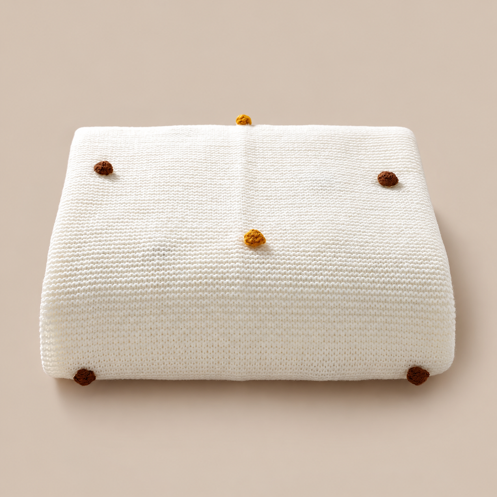 Folded white acrylic knit throw blanket showing colored pom pom dots