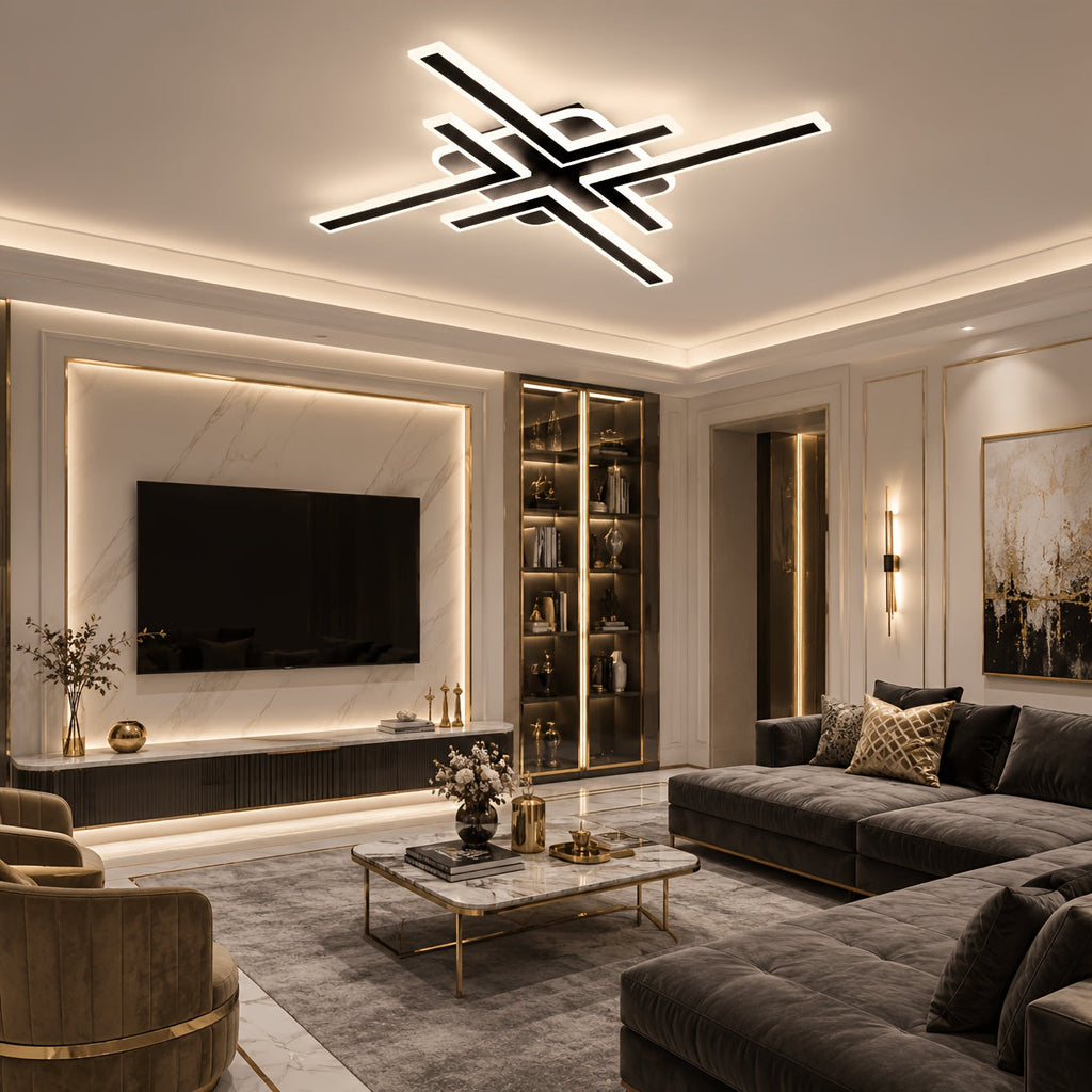 Black geometric cross line LED ceiling light above a living room.