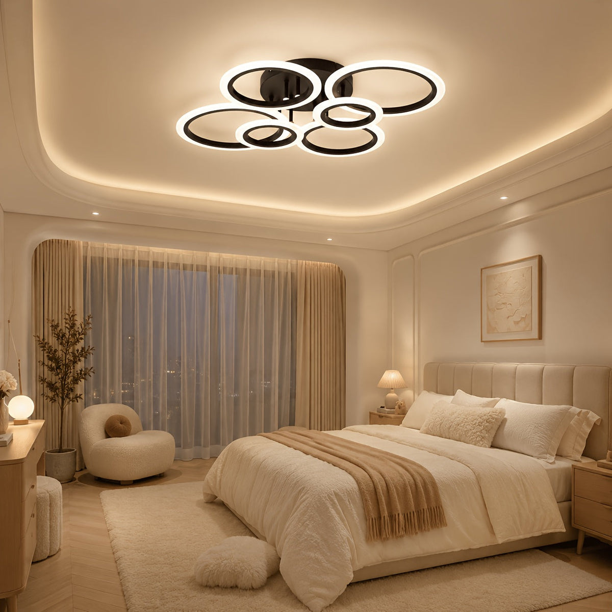Black six ring LED ceiling light above a softly lit bedroom.