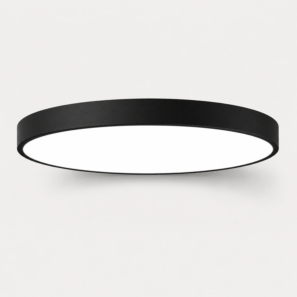 A minimalist circular flush-mount ceiling light with a matte black outer frame and a bright white diffuser, shown against a clean light gray background.