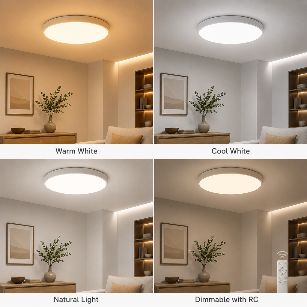Ultra-thin round LED ceiling light shown in warm white, cool white, natural light, and remote-control dimmable modes.