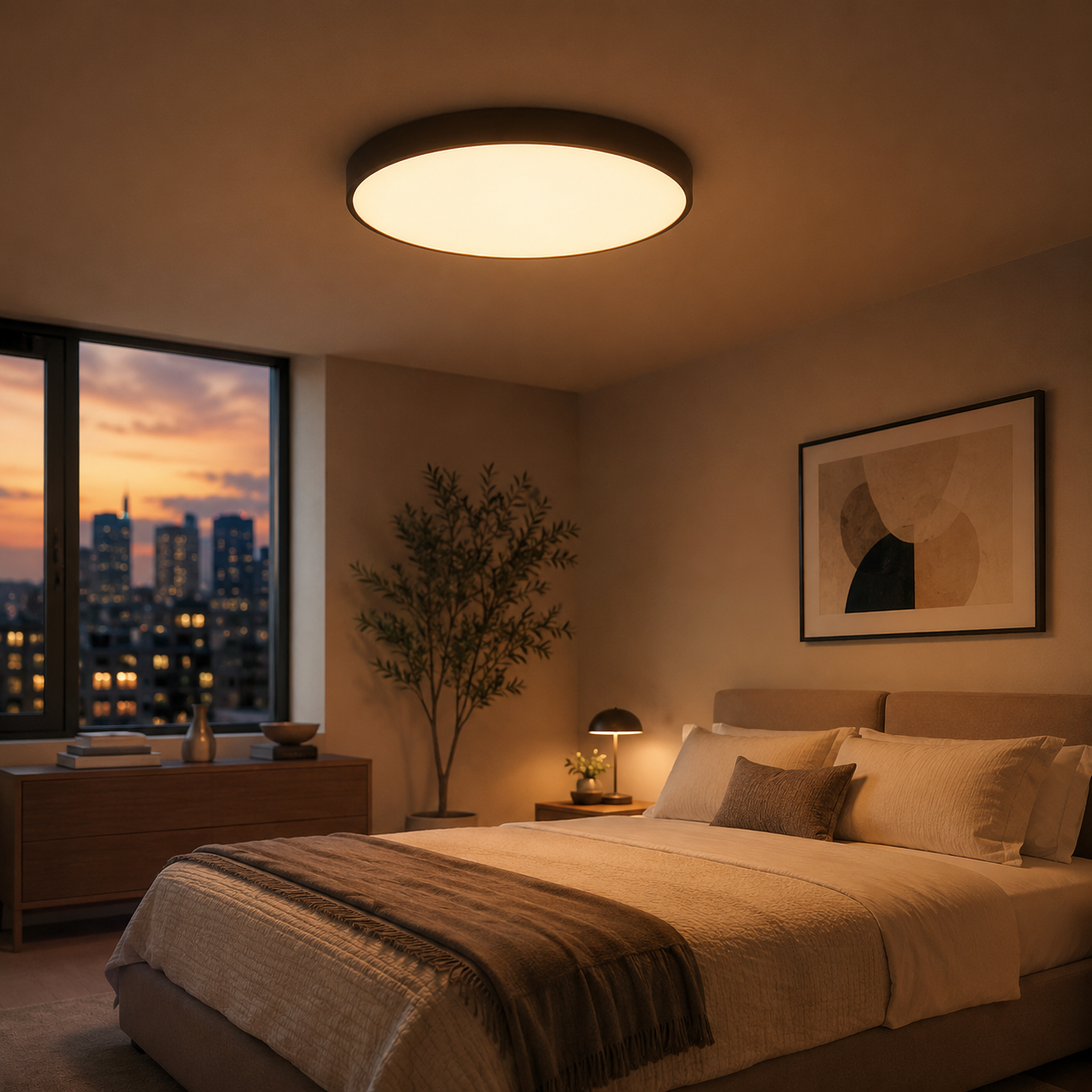 A modern flush-mount circular ceiling light with a black rim emitting a warm glow, installed in a cozy, dimly lit bedroom with beige walls, a bed, and a city skyline window view.