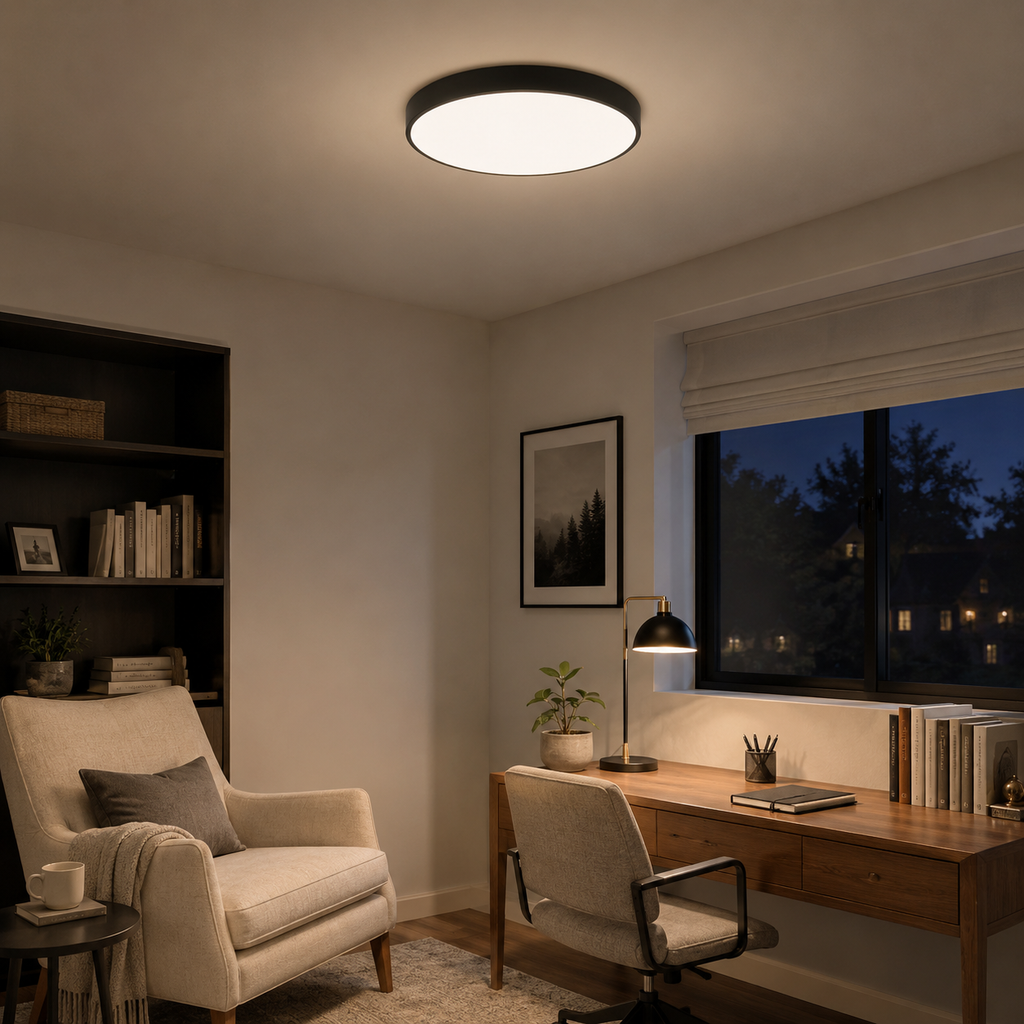 A modern circular ceiling light with a matte black rim and white diffuser glowing with warm light, installed in a cozy home office setting with a desk, chair, and armchair.