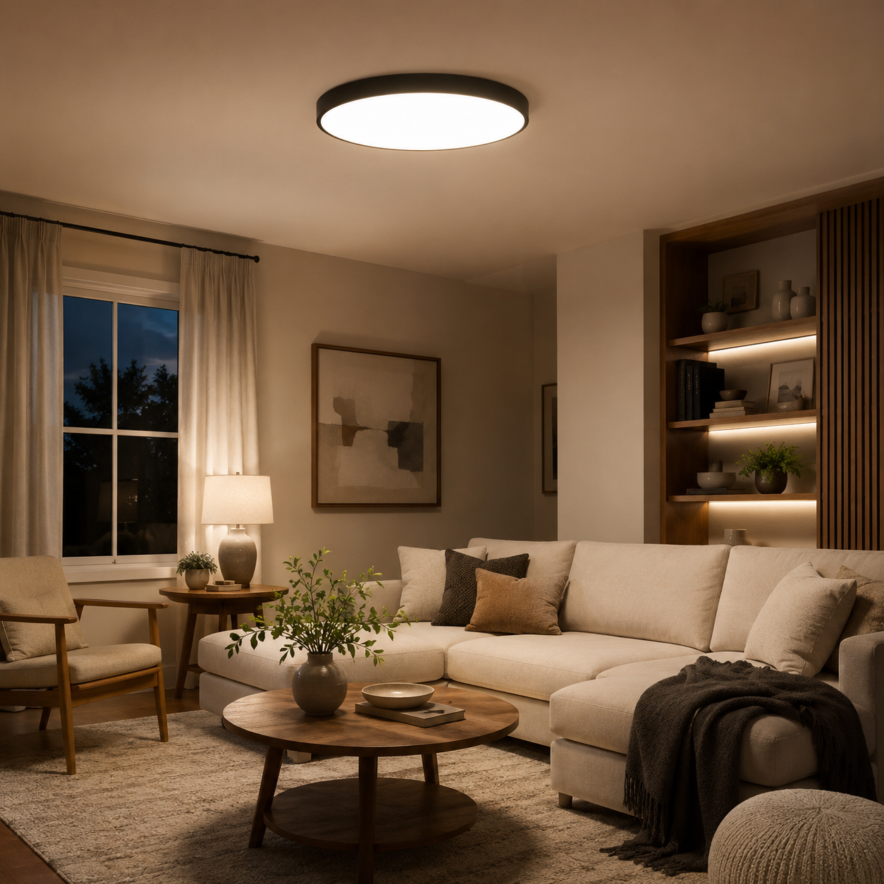 A modern circular ceiling light with a black rim and warm white glow, installed in a cozy, contemporary living room with beige sectional sofa, wooden coffee table, and warm ambient lighting.