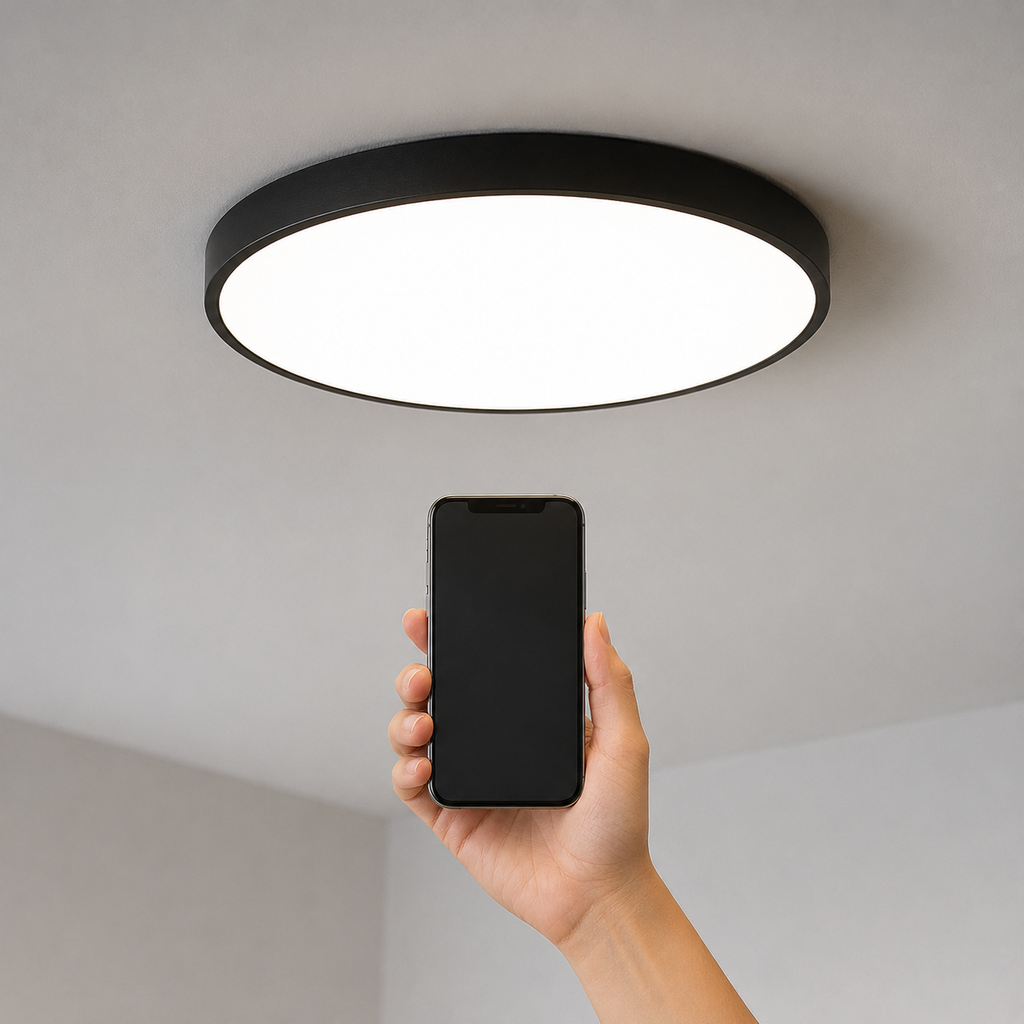 A modern black circular flush-mount ceiling light glowing with bright white light, shown from above on a ceiling while a hand holds a smartphone below it.