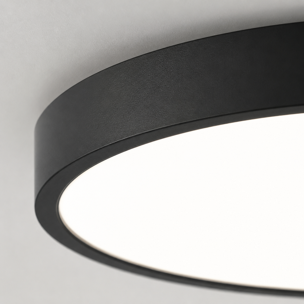 Close-up of a modern circular ceiling light fixture with a matte black frame and a bright white illuminated diffuser, mounted against a light gray ceiling.