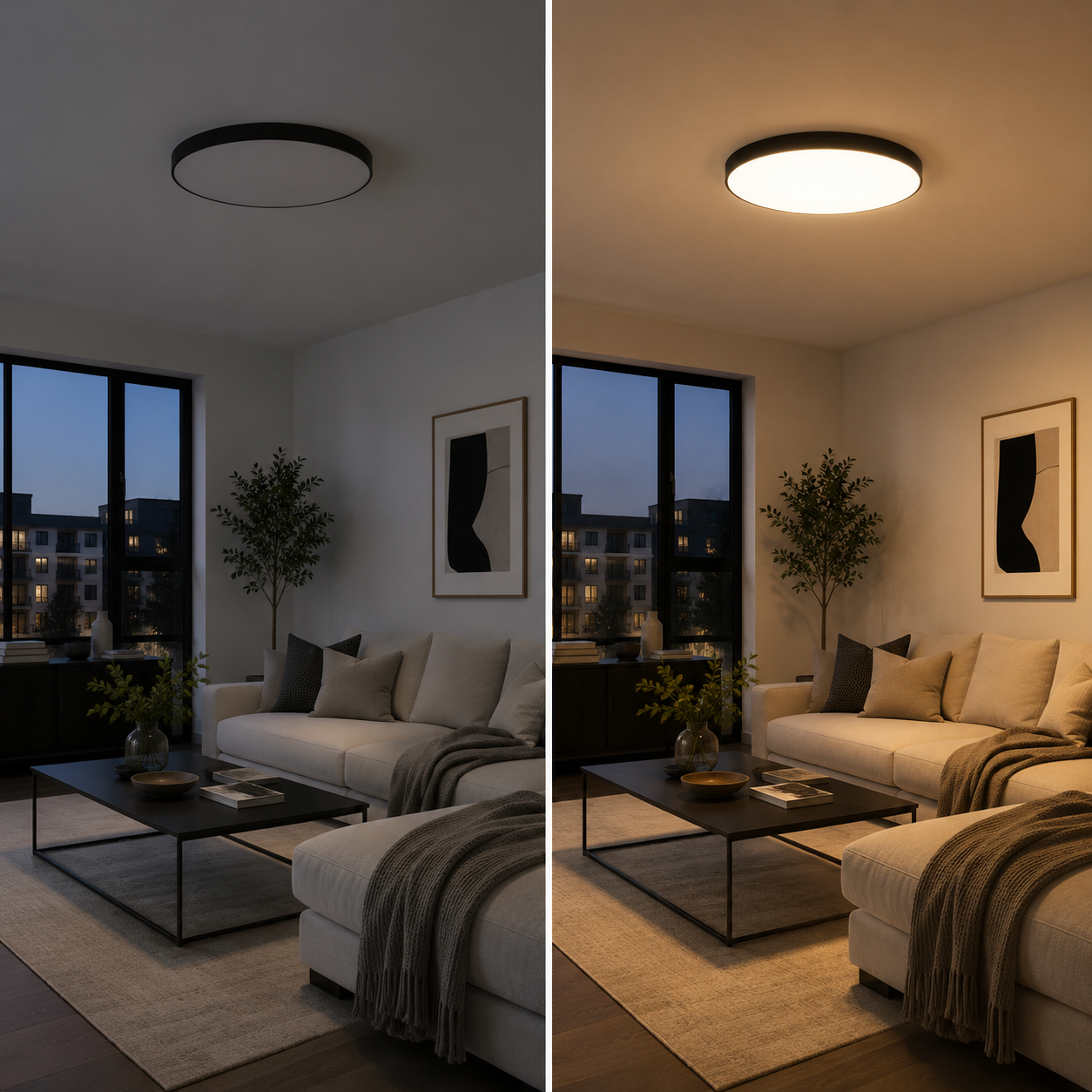A side-by-side comparison of a modern flush-mount ceiling light in a living room at dusk, showing the unlit left side and the warm illuminated right side.