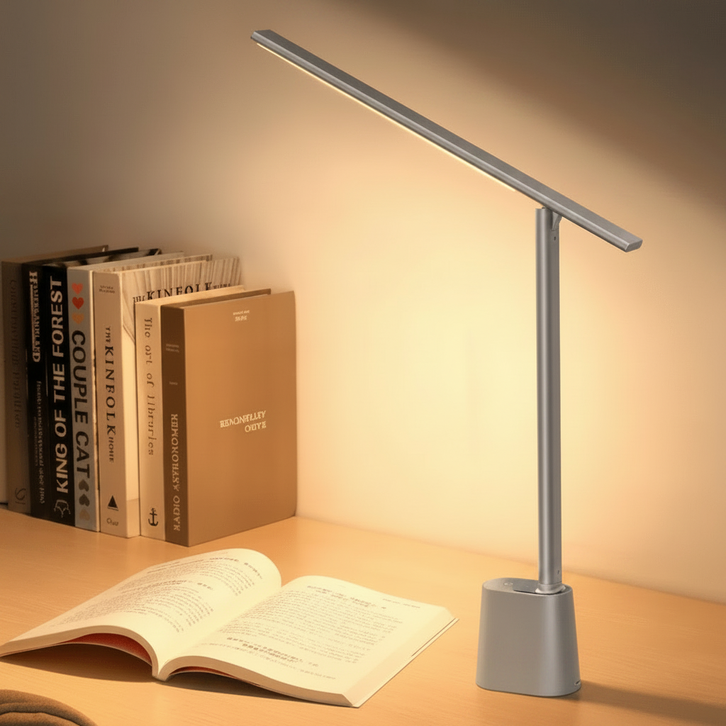 LED desk lamp in gray illuminating an open book beside stacked books.