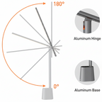 LED desk lamp shown in a 180-degree folding diagram with hinge and base details.