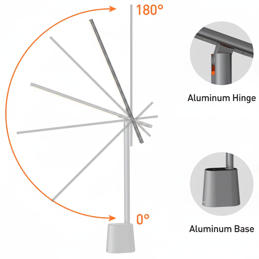 LED desk lamp shown in a 180-degree folding diagram with hinge and base details.
