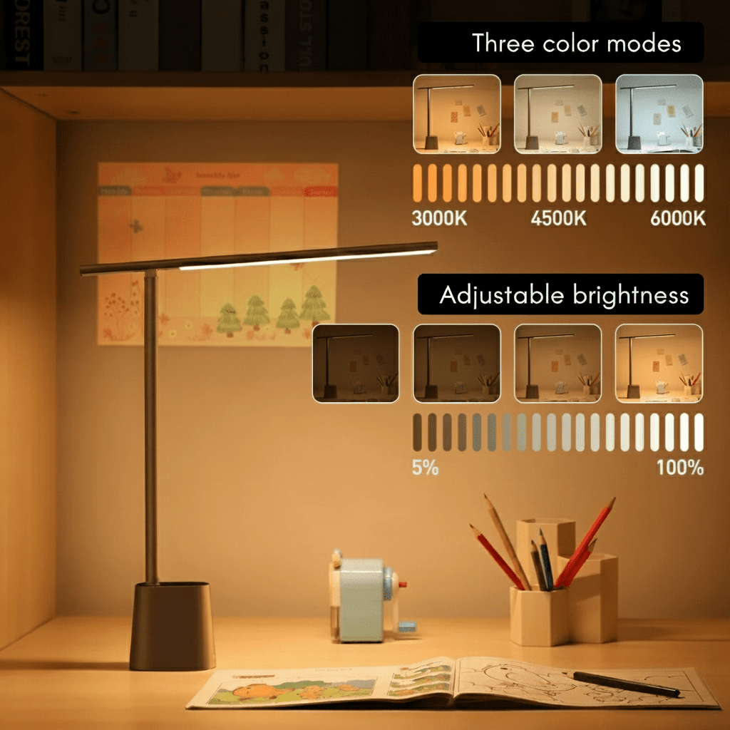 LED desk lamp in black with a chart for three color modes and adjustable brightness.