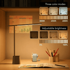 LED desk lamp in black with a chart for three color modes and adjustable brightness.