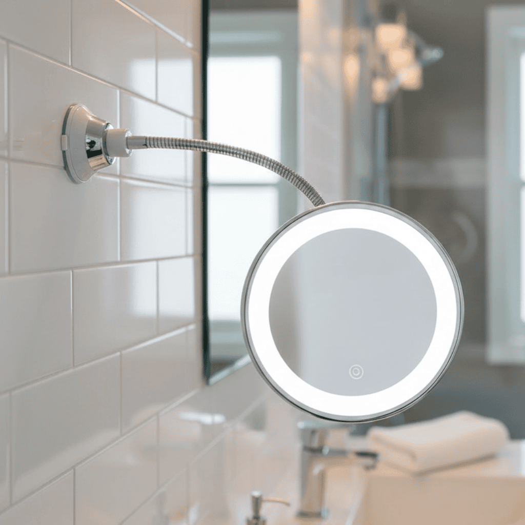 LED makeup mirror with a glowing white ring mounted on a flexible wall arm.