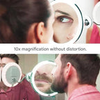 LED makeup mirror shown magnifying facial details for grooming.