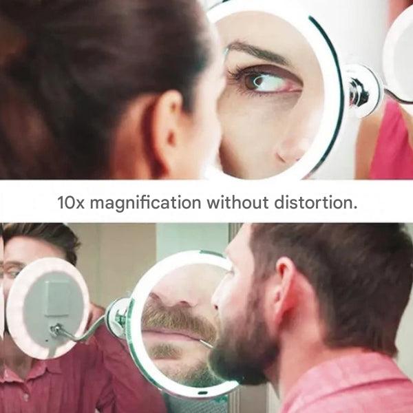 LED makeup mirror shown magnifying facial details for grooming.