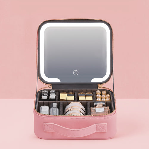 LED Makeup Organizer Case | Three Brightness Mirror, Adjustable Dividers, Plastic, Pink And Black