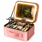 Open pink small makeup case with illuminated mirror
